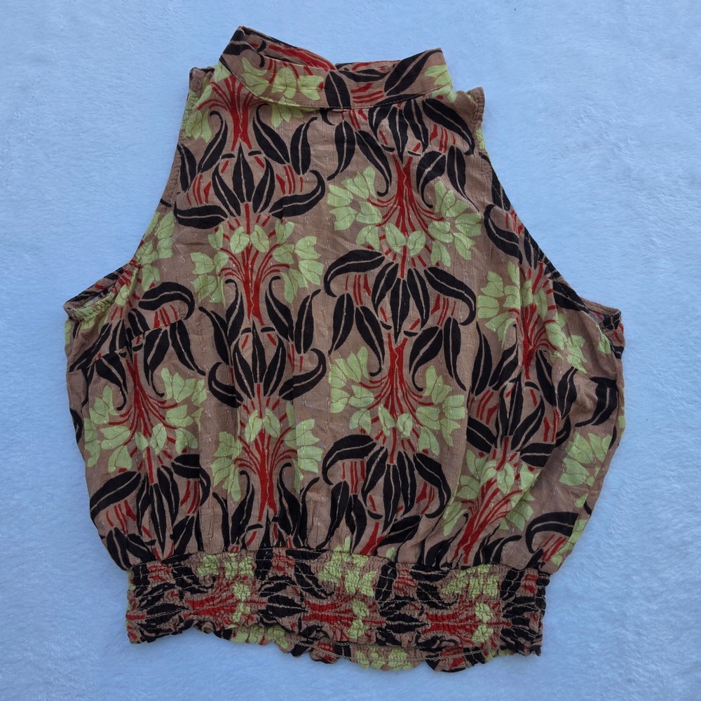Haute Hippie Style Womens L Botanical Floral Smocked Blouson Halter Top Brown